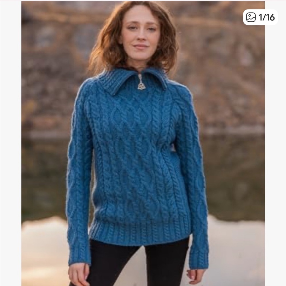 Saol Ireland Zipper Neck Aran Cable Knit Merino Wool Sweater Blue Size XL